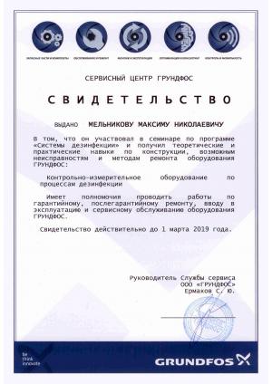 Свидетельство Grundfos, Контрольно-измерительное оборудование, Мельников Максим Николаевич